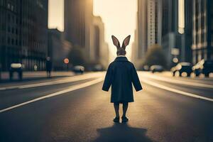 a rabbit wearing a coat and standing in the middle of a city street. AI-Generated photo