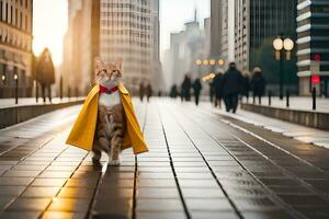 un gato vistiendo un amarillo capa camina abajo un ciudad calle. generado por ai foto