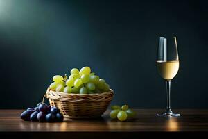 uvas y vino vaso en de madera mesa. generado por ai foto