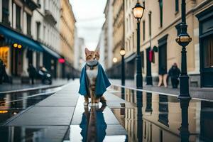 un gato en un azul capa en pie en un mojado calle. generado por ai foto
