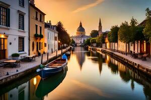 a canal with boats in front of a church. AI-Generated photo