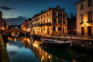 a boat is docked on a canal at night. AI-Generated photo
