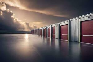 storage units with red doors and cloudy sky. AI-Generated photo