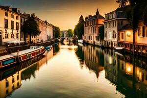 a canal in a city with boats on it. AI-Generated photo