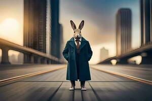a rabbit wearing a suit and tie standing on a road. AI-Generated photo