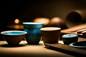 a group of different colored cups and bowls. AI-Generated photo
