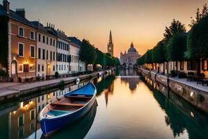 a boat is sitting on a canal in a city. AI-Generated photo