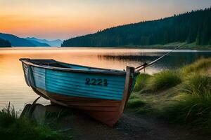 a boat sits on the shore of a lake at sunset. AI-Generated photo