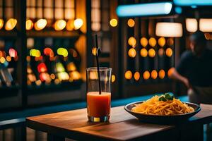 a bowl of pasta and a glass of juice on a table. AI-Generated photo