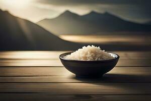 rice in bowl on wooden table with mountains in the background. AI-Generated photo
