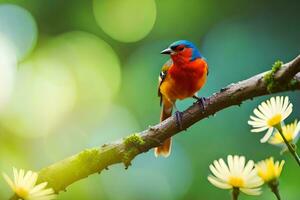 a colorful bird sits on a branch with flowers. AI-Generated photo