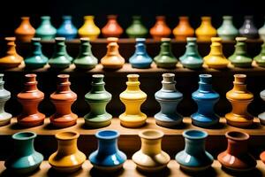 colorful vases on a shelf. AI-Generated photo