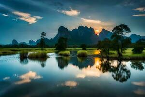 the sun sets over a river and mountains in thailand. AI-Generated photo