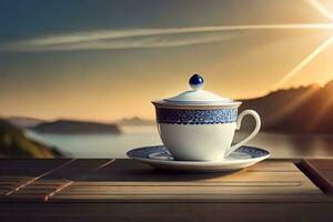 a cup and saucer on a table with the sun in the background. AI-Generated photo