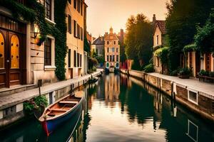 a canal in a city with a boat on it. AI-Generated photo