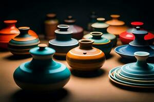 a group of colorful vases and plates. AI-Generated photo