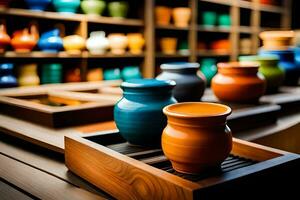 colorful vases on display in a store. AI-Generated photo