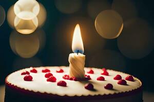 a close up of a birthday cake with a lit candle. AI-Generated photo