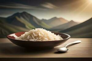 rice in bowl with mountains in the background. AI-Generated photo