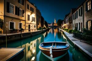 a boat is docked in a canal at night. AI-Generated photo