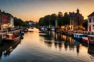 boats are docked along a canal at sunset. AI-Generated photo