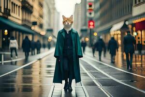 un gato vistiendo un verde Saco y un negro traje caminando abajo un ciudad calle. generado por ai foto