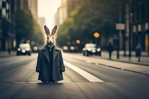 a rabbit wearing a suit and tie standing on the street. AI-Generated photo