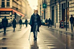 un mujer caminando abajo un calle con un gato en su cabeza. generado por ai foto