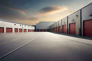 a large warehouse with red doors and a sky. AI-Generated photo