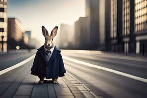 a rabbit wearing a suit and tie standing on the street. AI-Generated photo