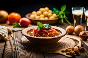 spaghetti with meatballs and tomatoes on wooden table. AI-Generated photo