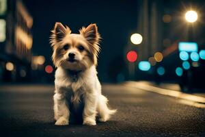 a small dog sitting on the street at night. AI-Generated photo