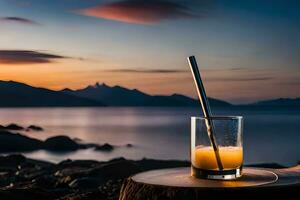 un vaso de naranja jugo con un Paja sentado en un registro. generado por ai foto