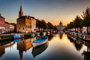 a canal with boats in the middle of a city. AI-Generated photo