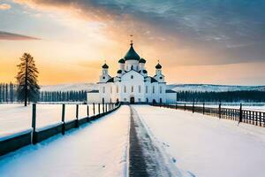 a church in the snow with a sky background. AI-Generated photo