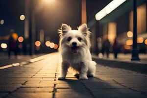 a small white dog sitting on a brick walkway at night. AI-Generated photo