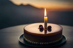 a cake with a single candle on top. AI-Generated photo