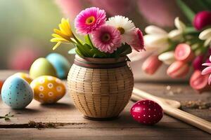 easter flowers in a vase on a table. AI-Generated photo