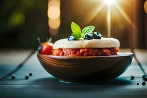 a bowl of food with berries and mint on a wooden table. AI-Generated photo