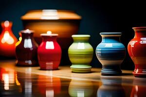 a row of colorful vases on a table. AI-Generated photo