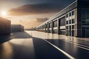 a long exposure photo of a warehouse with the sun setting. AI-Generated