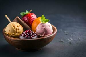 ice cream in a wooden bowl with strawberries, cherries and other fruits. AI-Generated photo