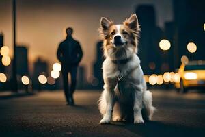 un perro sentado en el calle a noche con un hombre caminando por. generado por ai foto