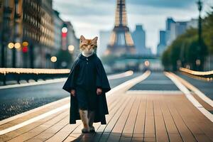 a cat in a cloak walking down a street. AI-Generated photo