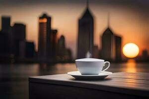 coffee cup on wooden table with cityscape in background. AI-Generated photo
