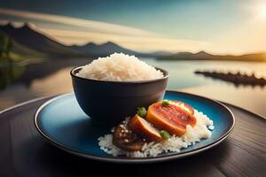 a bowl of rice and meat on a plate with a lake in the background. AI-Generated photo