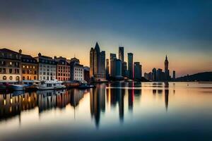 a city skyline is reflected in the water at sunset. AI-Generated photo