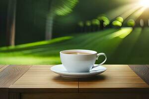 un taza de café en un de madera mesa en frente de un verde campo. generado por ai foto