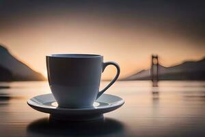 un taza de café se sienta en un platillo en frente de un lago. generado por ai foto