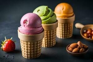 three ice cream cones with different flavors. AI-Generated photo